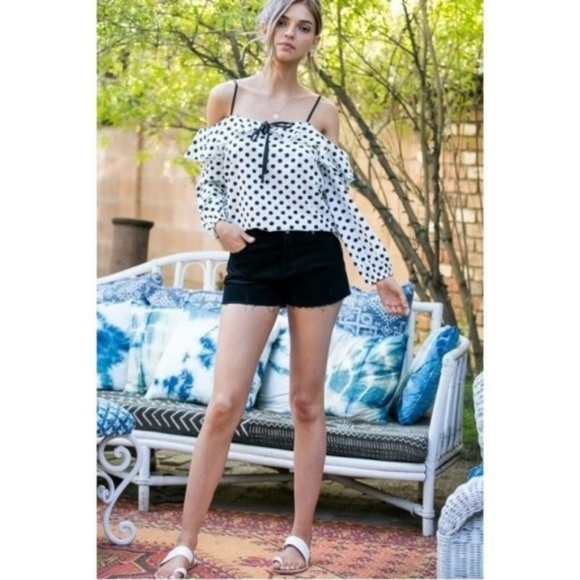 On The Spot Polka Dot Cold Shoulder Blouse Top - Picture 4 of 7